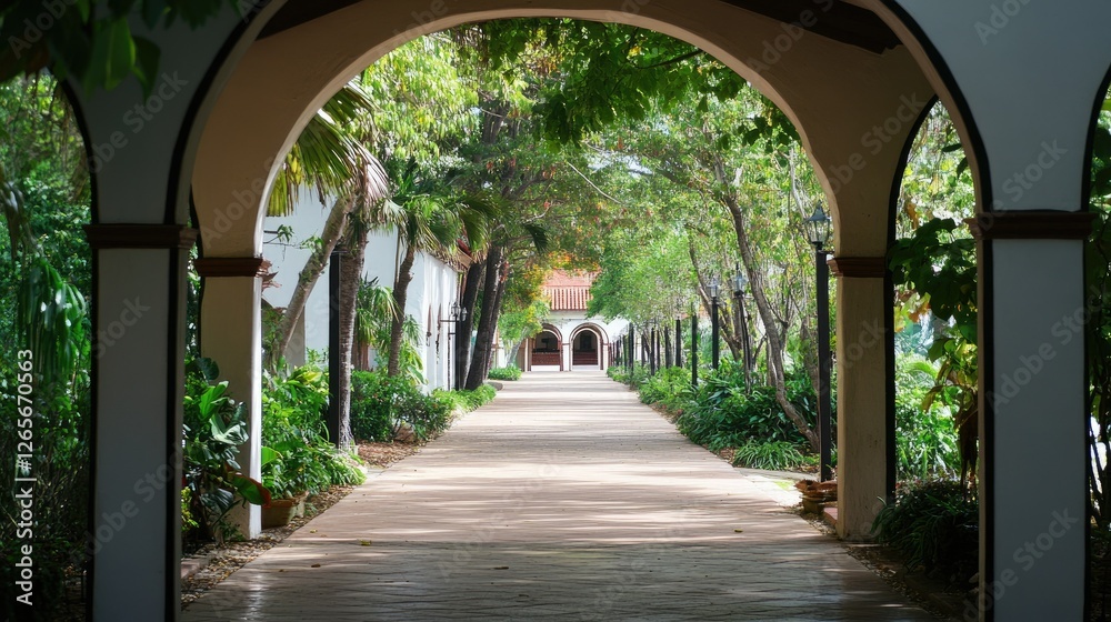 Fototapeta premium A scenic walkway surrounded by lush trees, framed by elegant arches, creating a tranquil and inviting atmosphere.