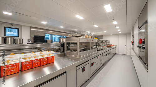 Modern galley kitchen on a yacht, food prep area, stainless steel, equipment photo