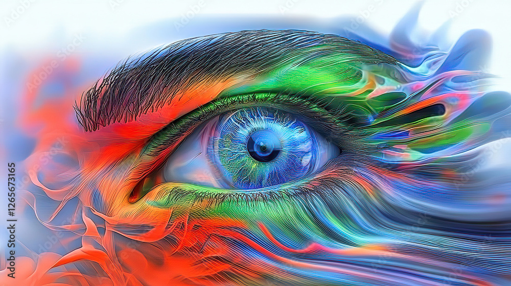 Naklejka premium AI-generated artwork, a detailed painting with vibrant colors. Colorful Abstract Eye Portrait with Vibrant Artistry Effects