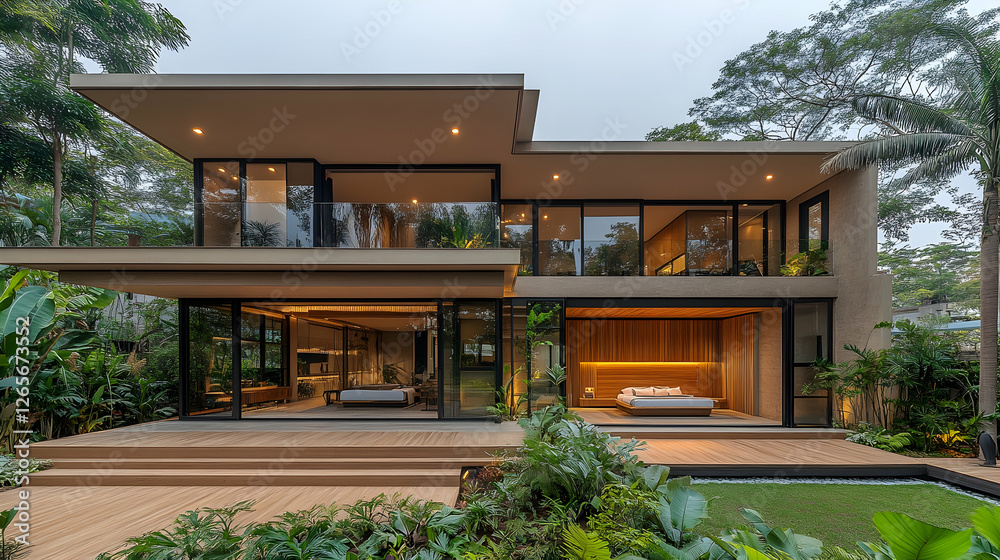 Fototapeta premium Modern house, tropical garden, nighttime, bedrooms visible, architectural design