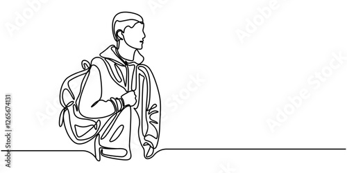 college campus student man with bag backpack continuous one line drawing, Transient Chalkboard, Student, outline pro vector illustration on white background.