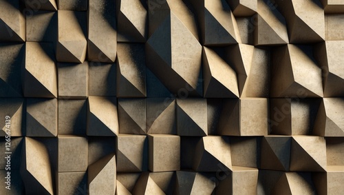 Interlocking 3D geometric blocks, with sharp angles and smooth surfaces, arranged in an intricate pattern