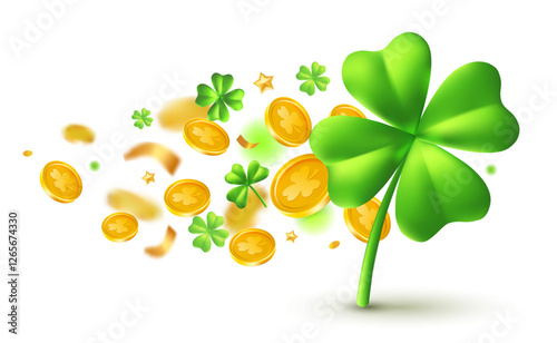 Vector illustration of green clover and fly leprechaun gold coin with shamrock. 3d style design of realistic irish green clover and golden coin for st patrick day celebration banner