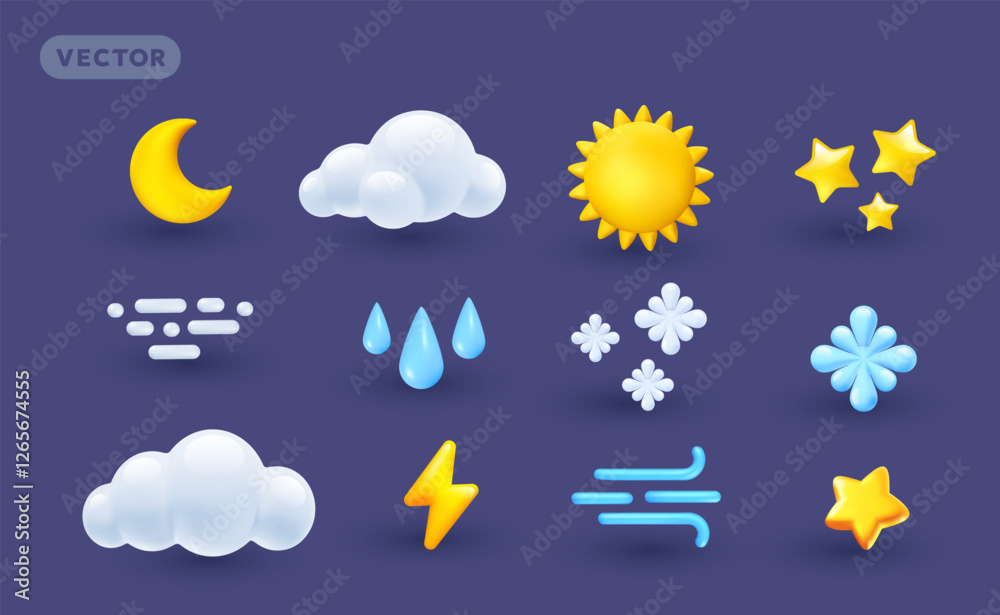 Vector forecast weather illustration of shine icon set with crescent moon, cloud, sun, star, wind symbol, rain drop, snowflake and thunderbolt. 3d cartoon style weather different element design