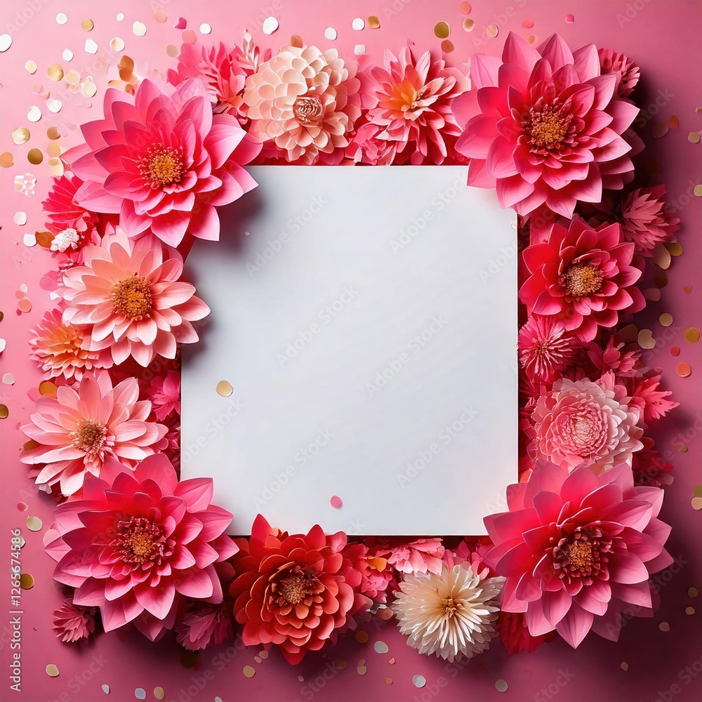 Obraz premium Beautiful paper flowers surround a blank space for creativity and decoration, frame mockup