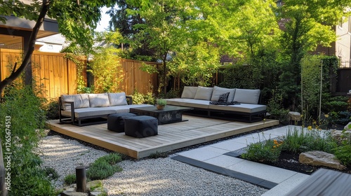 Beautiful backyard patio showcases stylish furniture and zen garden photo