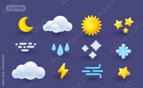 Vector forecast weather illustration of shine icon set with crescent moon, cloud, sun, star, wind symbol, rain drop, snowflake and thunderbolt. 3d cartoon style weather different element design