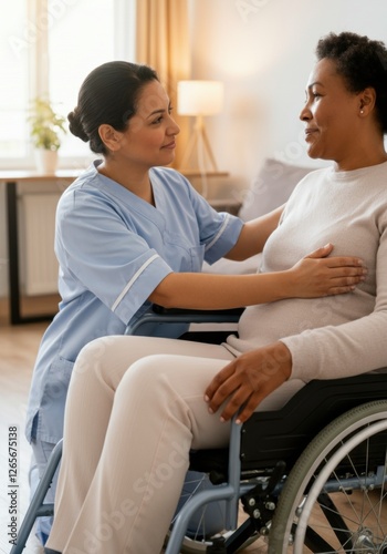 Female nurse assisting african elderly woman in wheelchair