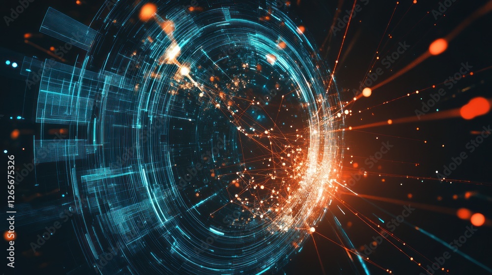 Obraz premium Abstract Data Sphere Visualization with Glowing Particles and Grid Structure