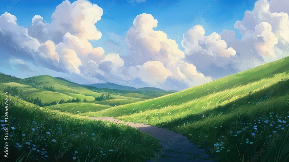 Obraz premium A tranquil pathway stretching through undulating green meadows under a serene sky filled with soft clouds.