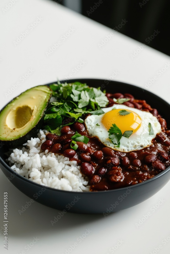 Savory bean bowl with egg and avocado on a white table for lunch menu Savory bean bowl with egg and avocado on a white table for lunch menu