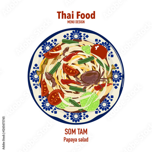 Set of vector banner illustrations with flat letters, delicious food, Thai food, papaya salad, top view, Thai food recipe, menu, restaurant, food design, banner, poster, and white background.
