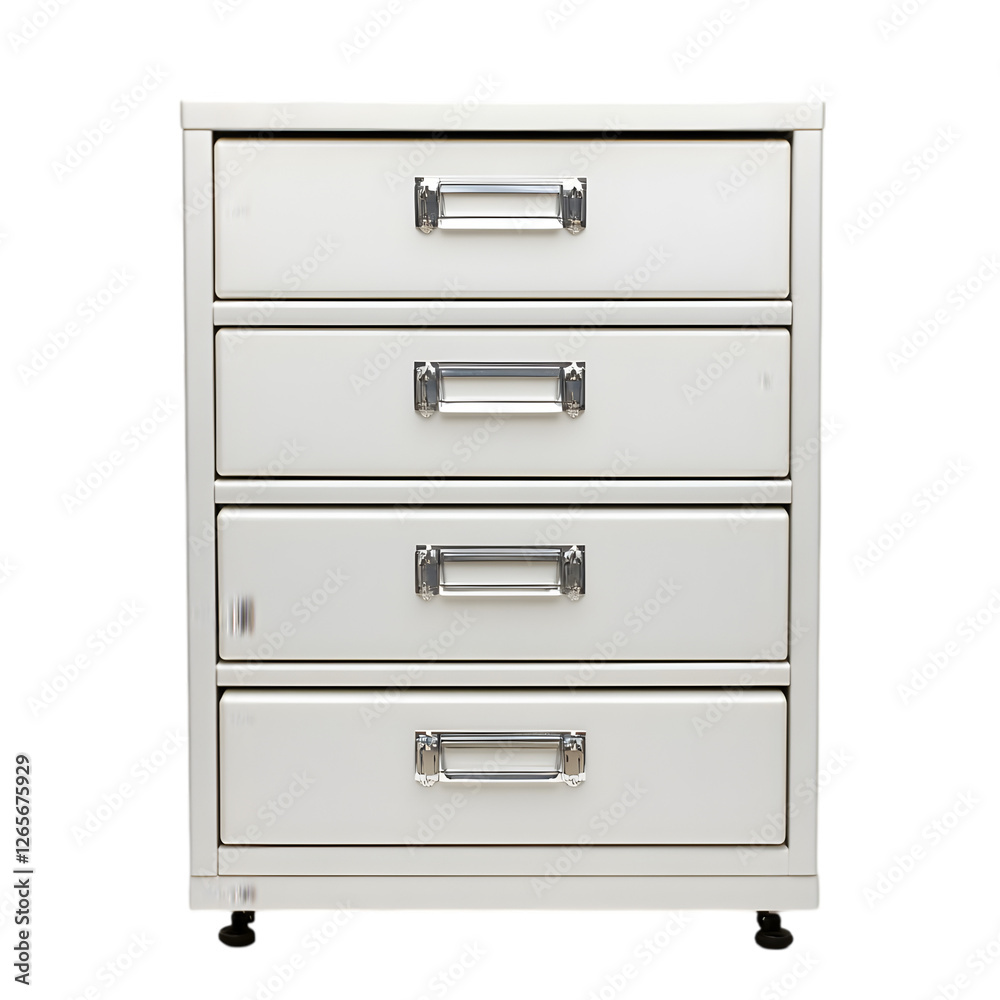 Off-White Metal Four-Drawer Filing Cabinet with Silver Handles Off-White Metal Four-Drawer Filing Cabinet with Silver Handles