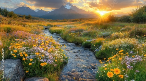 Mountain meadow stream sunset scenery