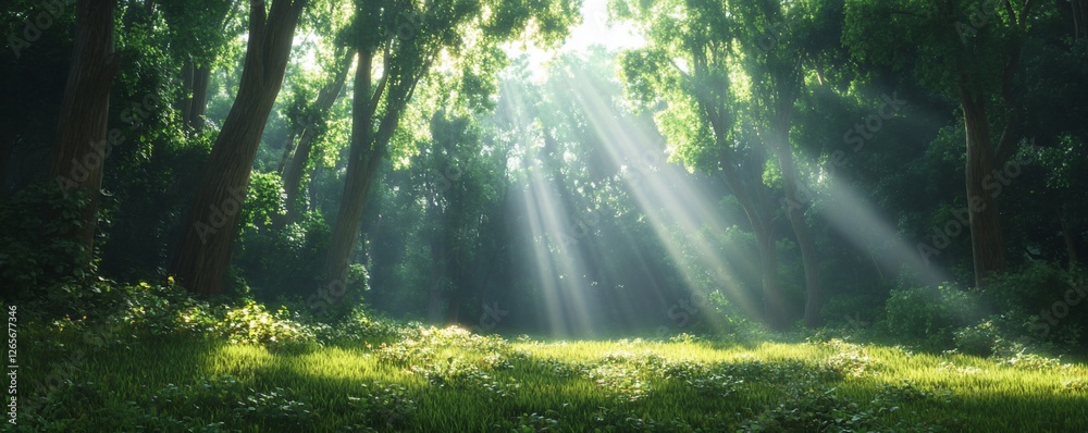 Sun rays shining through the forest trees in the morning landscape nature Sun rays shining through the forest trees in the morning landscape nature