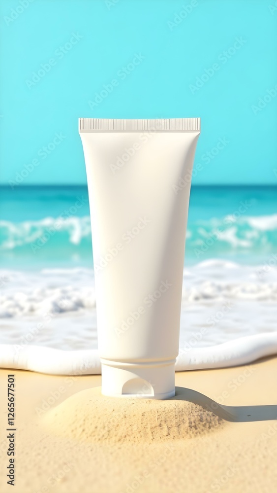 White sunscreen tube on sand near the ocean, concept of sun protection and summer skincare, mock-up White sunscreen tube on sand near the ocean, concept of sun protection and summer skincare, mock-up