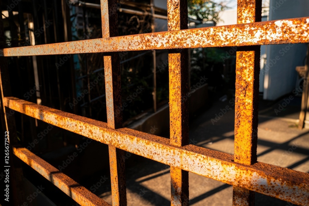 Rusty metal gate blocks a house, providing security with light filtering through Rusty metal gate blocks a house, providing security with light filtering through