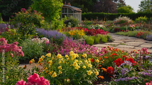 A picturesque garden with a stone paved path, surrounded by a vibrant array of multicolored flowers and lush greenery, featuring a small greenhouse in the background.
