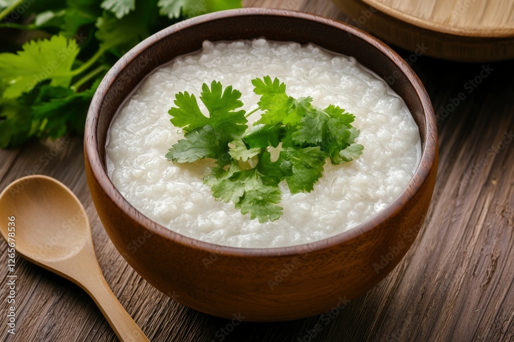 Rice porridge in bowl, topped with cilantro, on wood, for health and nutrition Rice porridge in bowl, topped with cilantro, on wood, for health and nutrition