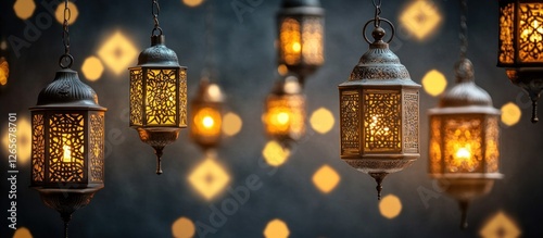 Illuminated Moroccan lanterns hanging with bokeh lights. photo