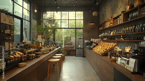 Modern shop interior, shelves stocked, sunlight through windows, urban setting, retail
