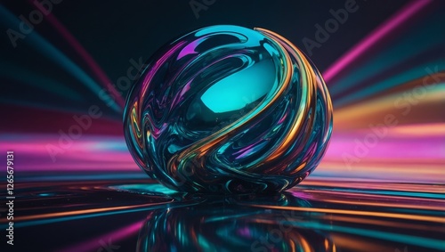  Intertwined fluid shapes with metallic textures and holographic gradients, radiating energy and motion in a sleek futuristic setting