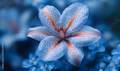 Close up of blue and peach spotted lily, soft background, macro floral beauty