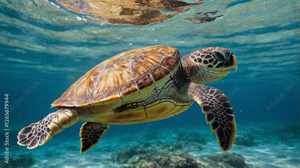Obraz premium A sea turtle swimming smoothly in clear blue water, with its patterned shell and flippers clearly visible above a coral dotted seabed.