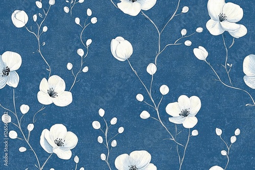 A seamless floral pattern featuring white flowers and buds on a textured blue background.