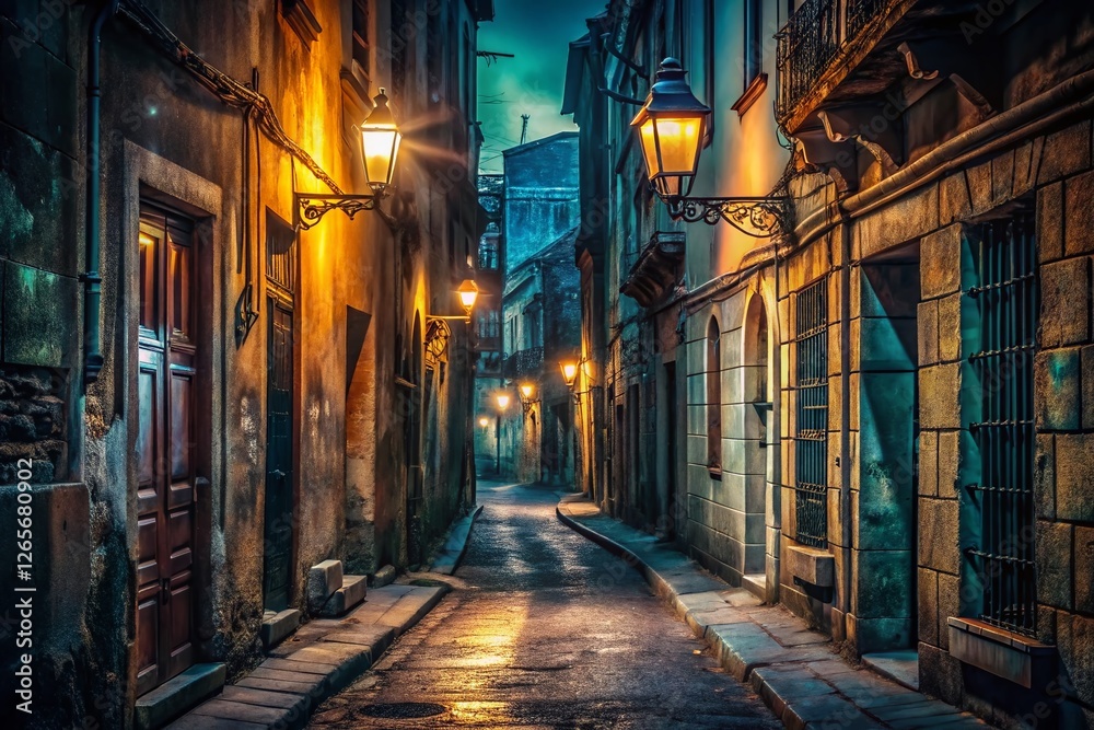 Fototapeta premium Dark City Alleyway at Night - Atmospheric Cityscape Stock Photo