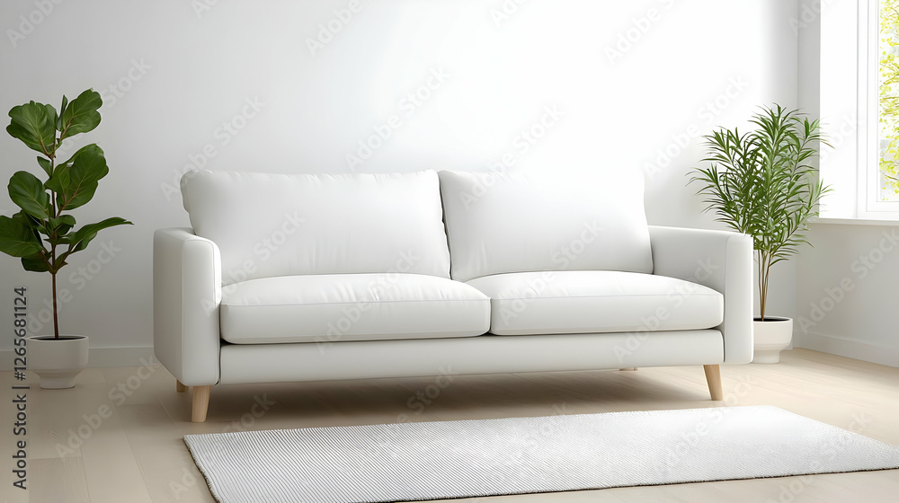 Minimalist white sofa in bright living room, plants, sunlight Minimalist white sofa in bright living room, plants, sunlight