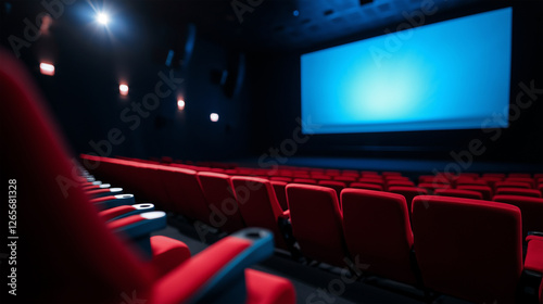 Empty cinema with red seating and a blank screen before the show starts photo