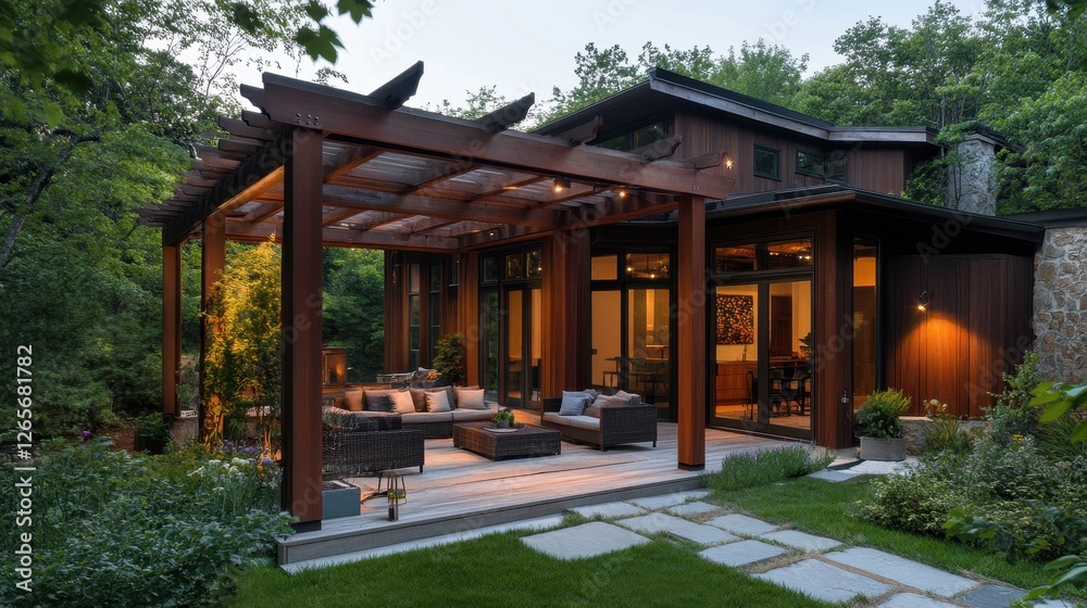 Modern house with outdoor living space and wooden pergola Modern house with outdoor living space and wooden pergola