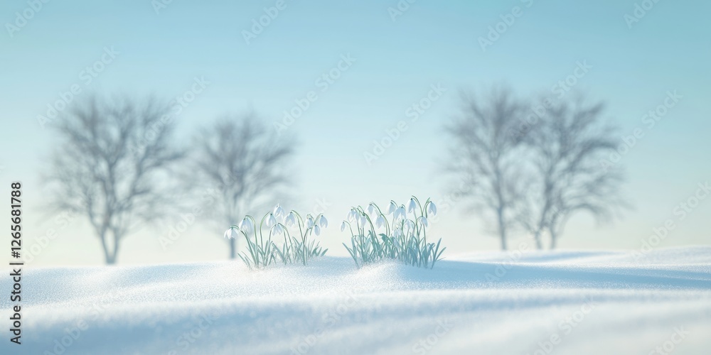 A snowy field with trees and bushes, under a blue sky A snowy field with trees and bushes, under a blue sky