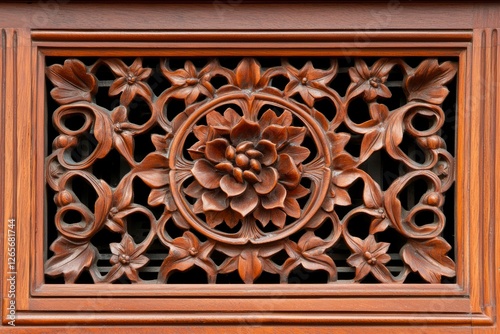 Exquisite wood carving flower design on dark wood, nature inspired decoration photo