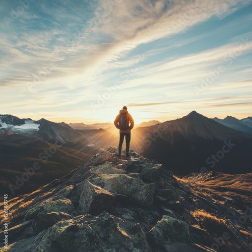 Solitude at Sunrise: A Traveler Standing Alone on a Mountain Summit, silhouette of a man in the mountains