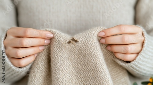 Hands repairing hole in knitted sweater with care and precision