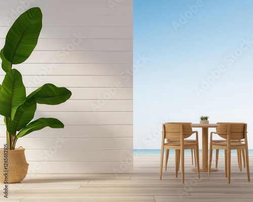 Mediterranean beachside twostory restaurant with breezy openair seating, soft oceanic tones, and coastal decor photo