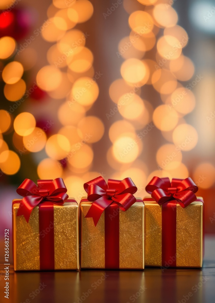 Three gold gift boxes with red bows are arranged in a row against a backdrop of warm blurred lights bokeh red bokeh abstract background glow design light texture effect sparkle Three gold gift boxes with red bows are arranged in a row against a backdrop of warm blurred lights bokeh red bokeh abstract background glow design light texture effect sparkle