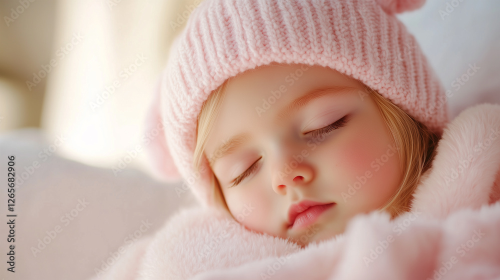Sweet toddler peacefully sleeping in cozy pink hat and blanket during a sunny afternoon at home Sweet toddler peacefully sleeping in cozy pink hat and blanket during a sunny afternoon at home