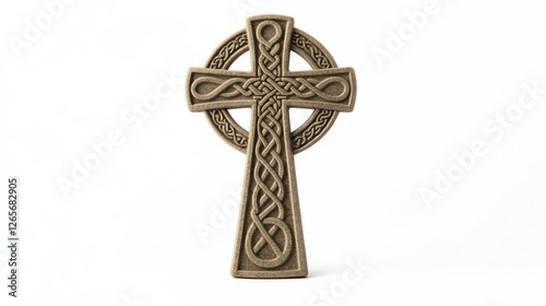 Celtic cross with intricate designs, symbolizing faith and heritage, set against a white isolated background. photo