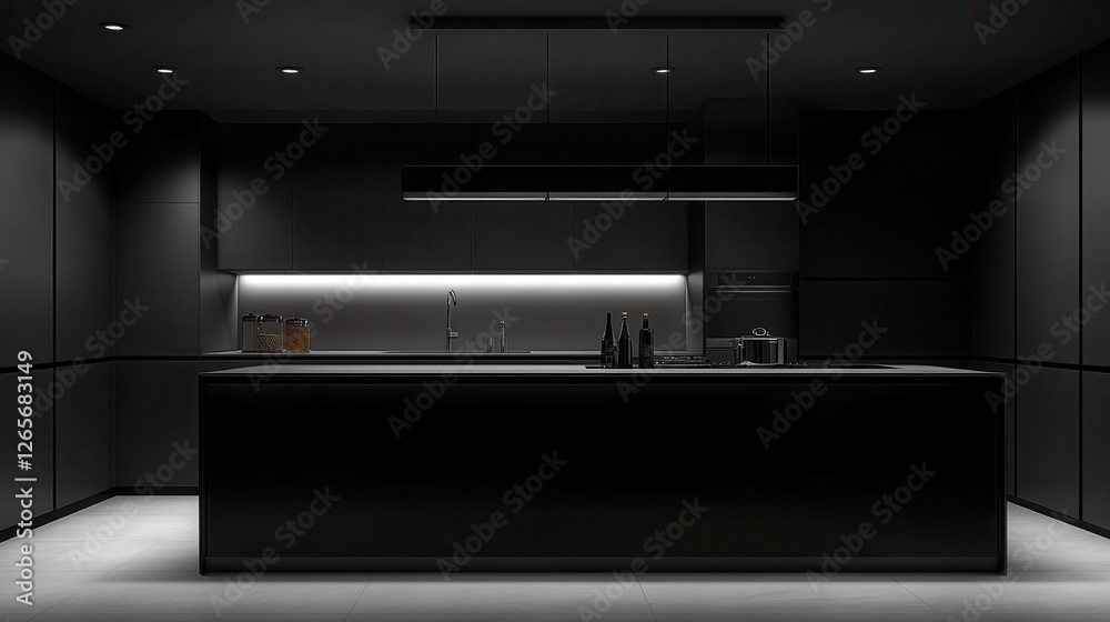 Minimalist black kitchen design with central island and sleek lighting Minimalist black kitchen design with central island and sleek lighting