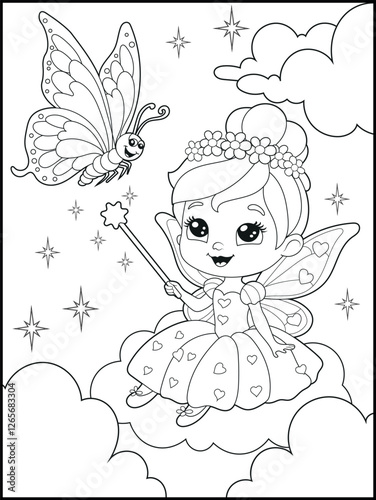 Black and white fairy coloring pages for kids. Children's coloring books with cute cartoon fairy characters, fun and educational materials for kindergarten.
