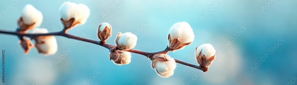A close-up of soft, fluffy cotton buds on a delicate branch set against a soothing blue background, Ideal for themes related to nature, textiles, agriculture, and sustainable living, A close-up of soft, fluffy cotton buds on a delicate branch set against a soothing blue background, Ideal for themes related to nature, textiles, agriculture, and sustainable living,