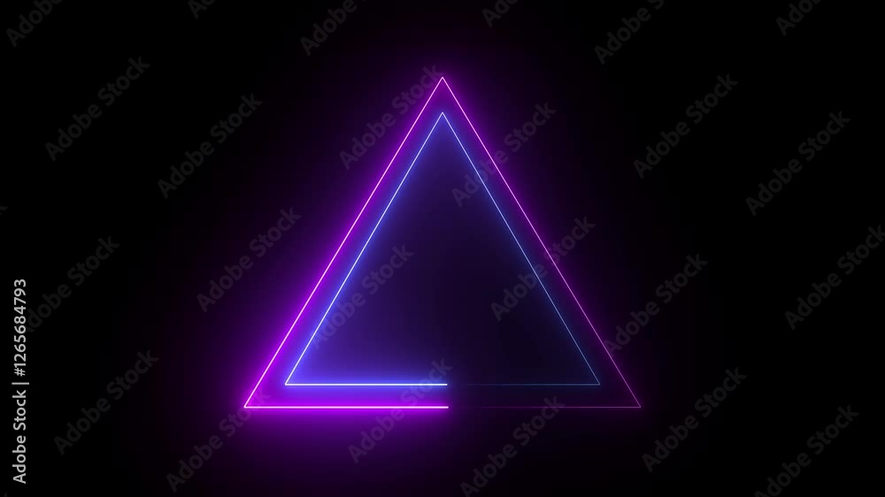 Abstract neon colorful triangle sign icon animation on black background. Neon glowing triangle animation with colorful laser beams on black background.