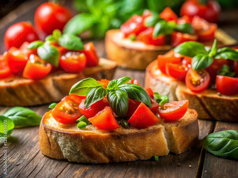 Delicious Bruschetta Appetizer: Close-up Macro Shot of Toasted Bread with Fresh Tomatoes & Basil Delicious Bruschetta Appetizer: Close-up Macro Shot of Toasted Bread with Fresh Tomatoes & Basil