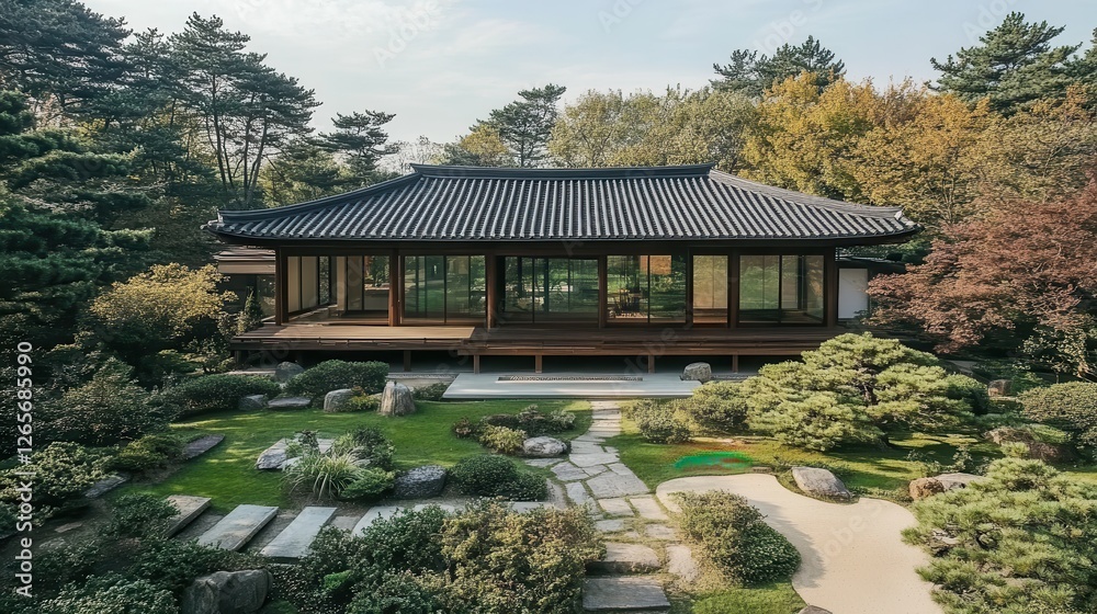 Traditional japanese house nestled peacefully within a serene garden Traditional japanese house nestled peacefully within a serene garden