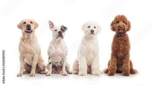 Diverse group of dogs sitting in row on white background showcasing unique breeds  personalities photo