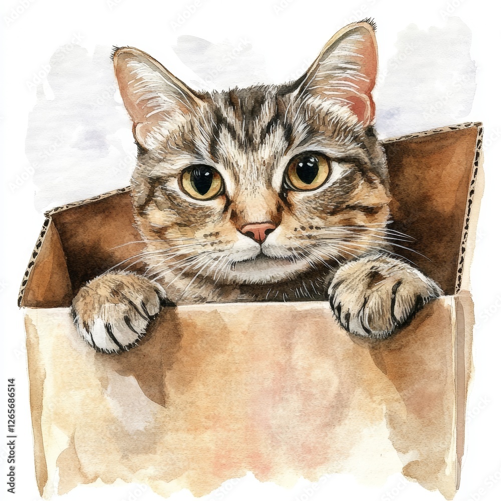 A watercolor painting of a curious kitten in a box. A watercolor painting of a curious kitten in a box.