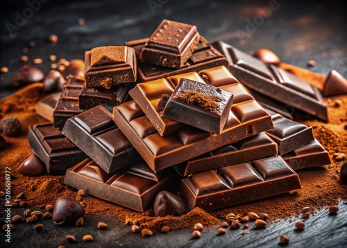 Delicious Chocolate Bars Pile with Cocoa Powder Dust, High-Resolution Stock Photo